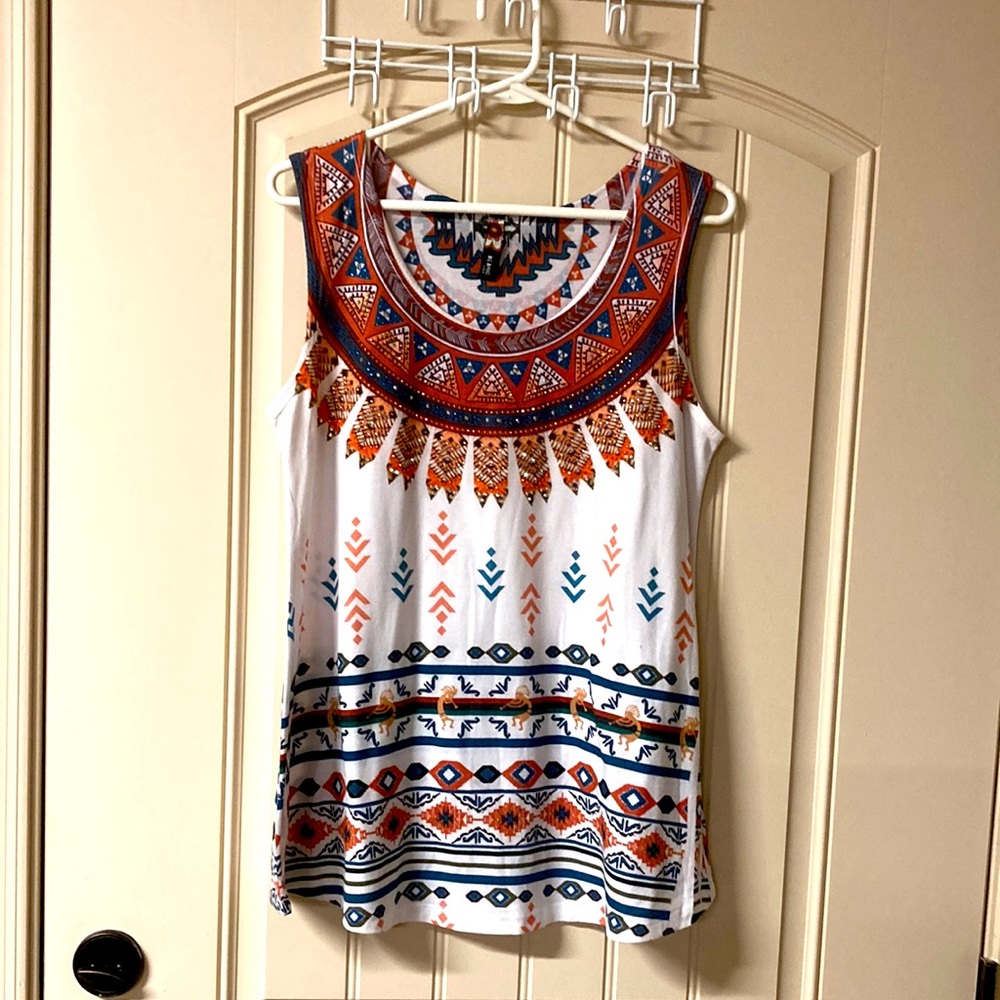 BIG BANG USA Top Tunic Aztec Kokopelli Rhinestone Detail Flowy 2Way Stretch Sz L